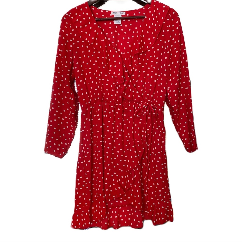 DOLLS KILL Miley & Molly Red Polka Dot Mini Faux Wrap Dress - Picture 2 of 5